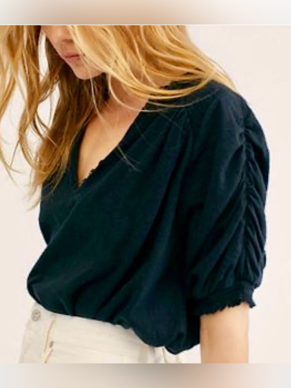 Free People "Fever Dream" Black Pullover V neck T shirt Ruched Sleeves Size L